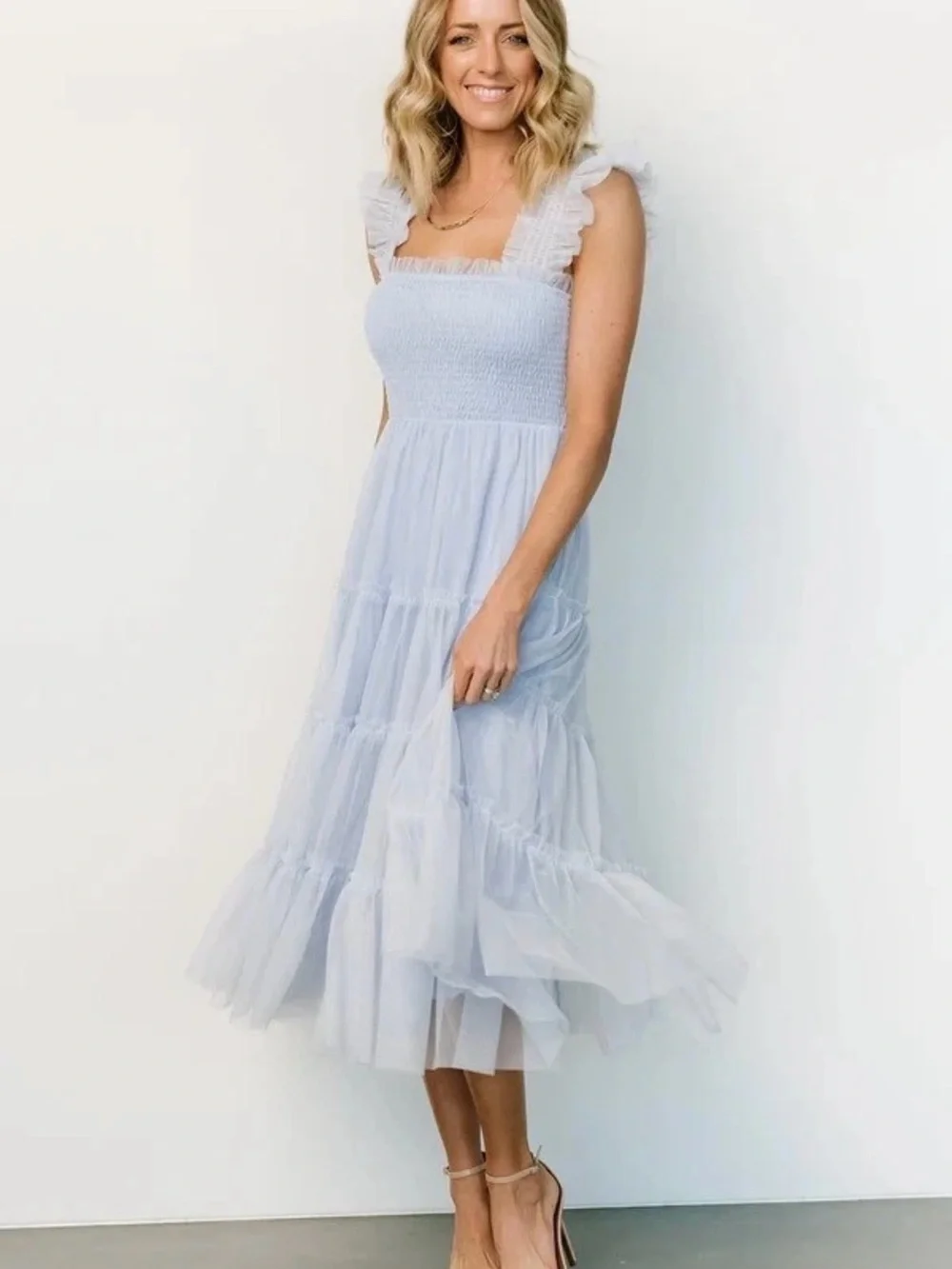 Baltic Born Emma Smocked Midi Tulle Dress EUC Light Blue M Tiered Tulle Ruffle - Picture 1 of 8